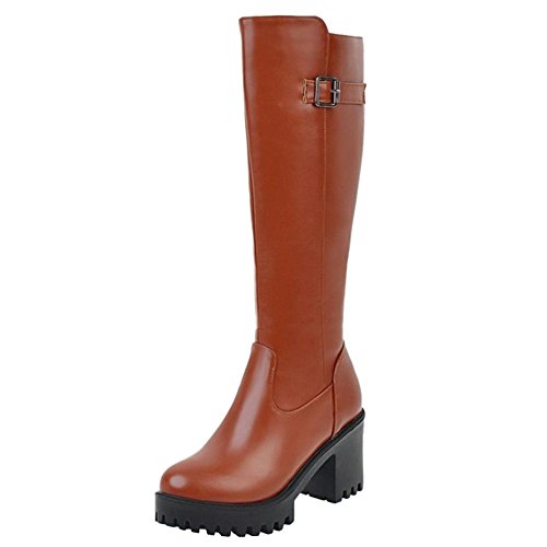 Onewus Damen Plateau Langschaft Stiefel mit Blockabsatz Runde Zehe (Brown, 37 EU) von Onewus