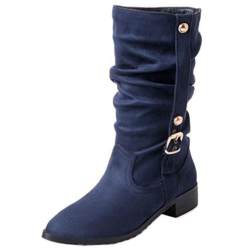 Onewus Damen Slouch Boots mit flachem Absatz und spitzer Zehenpartie (Blau, 42 EU) von Onewus