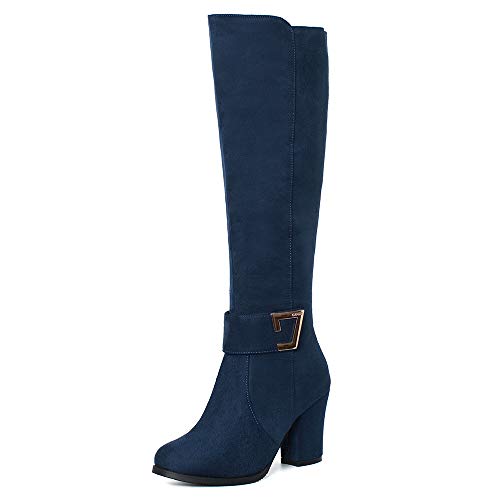 Onewus Damen Stiefel mit Blockabsatz Reißverschluss Langschaft Stiefel (Blau, 44 EU) von Onewus