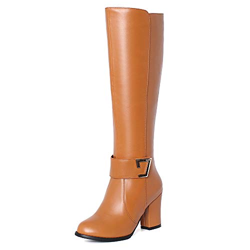 Onewus Damen Stiefel mit Blockabsatz Reißverschluss Langschaft Stiefel (PU Braun, 48 EU) von Onewus