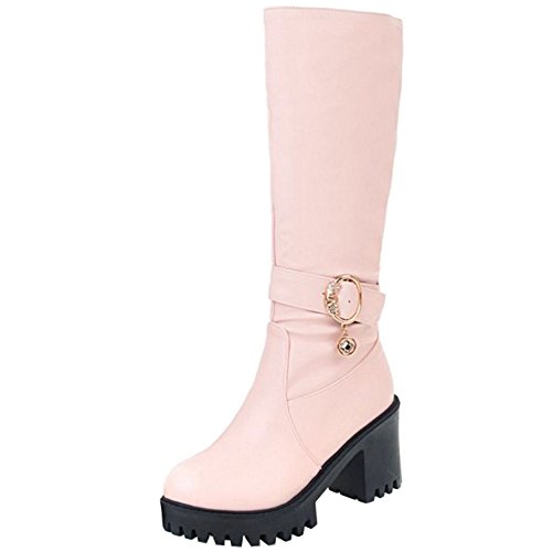 Onewus Damen Trendige Plateau Langschaft Stiefel mit Blockabsatz Runde Zehe (Pink, 39 EU) von Onewus