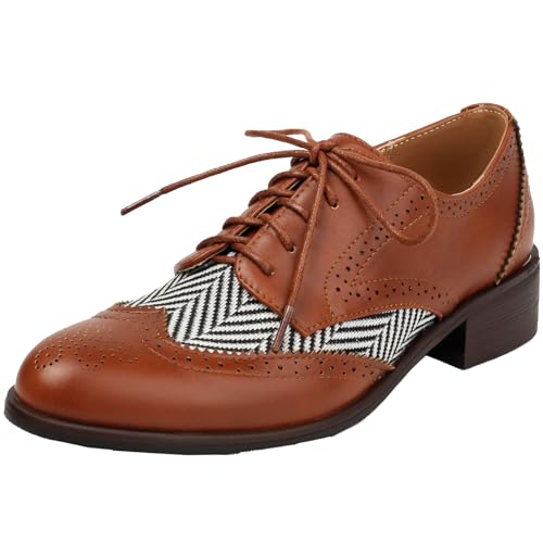 Onewus Klassische Oxford-Schuhe im britischen Stil für Damen mit niedrigen, klobigen Absätzen und Schnürdesign (Braun,35) von Onewus