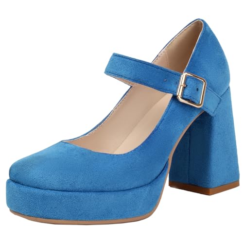 Onewus Mary Jane Plateauschuhe im Vintage-Stil aus mattem Stoff - Retro High Heels mit dickem Absatz (Blau,34) von Onewus