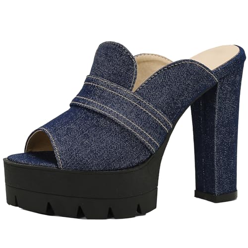 Onewus Modische Denim High Heel Slides, elegante und stilvolle Damen Slide Sandalen (Dunkelblau,34) von Onewus