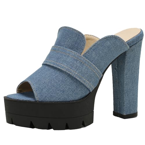 Onewus Modische Denim High Heel Slides, elegante und stilvolle Damen Slide Sandalen (Hellblau,35) von Onewus