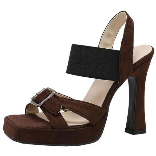 Onewus Stilvolle Damen High Heel Sandalen mit elastischen Riemen - Plateausandalen mit dicker Sohle für Damen (Braun,39) von Onewus