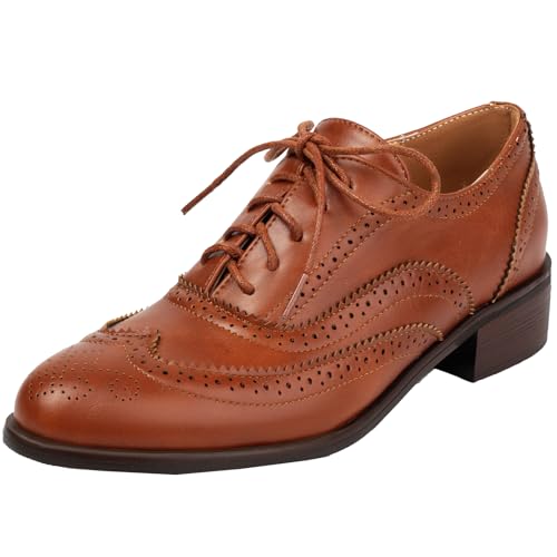 Onewus Vintage-Damen-Oxford-Schuhe mit niedrigem, klobigen Absatz und Schnürverschluss - Retro Casual Style (Braun,35) von Onewus