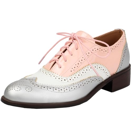 Onewus Vintage-Damen-Oxford-Schuhe mit niedrigem, klobigen Absatz und Schnürverschluss - Retro Casual Style (Rosa,40) von Onewus