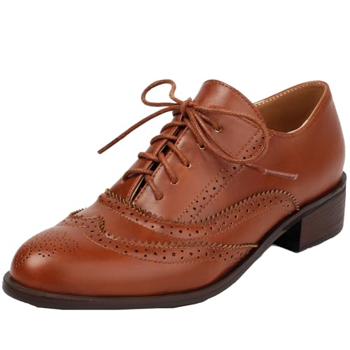 Onewus Vintage-Oxford-Schuhe für Damen mit niedrigem, klobigen Absatz und Schnürung (Braun,38) von Onewus