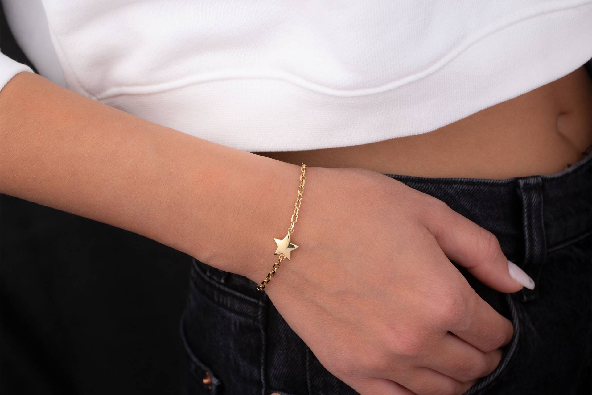 14K Solid Gold Armband, Stern Büroklammer Kette, Rolo Kette Geschenk Für Sie, Bettelarmband, Geburtstagsgeschenk, Zierlich von OnsevaFineJewelry