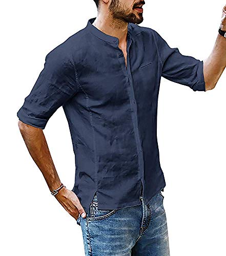 Herren Leinen Hemd Kurzarm Stehkragen V-Ausschnitt mit Knopfleiste Einfarbig Kurzarmshirt T-Shirt Freizeithemd Kurzarm Lange Ärmel Männer Sommer Hemd Casual Regular Fit Oberteile C Blau XX-Large von Onsoyours