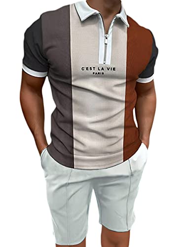 Onsoyours 2-Teiliges Sommer Herren Jogginganzug 2-Teiliges Tshirt-Shorts Set Sommer Casual Outfits Kurzarm T-Shirts Polo + Kurze Hosen Trainingsanzug Fitness Sportanzug Pattern B XL von Onsoyours