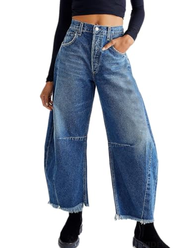 Onsoyours Baggy Jeans Damen High Waist Straight Jeans Breites Bein Jeans Loose Gerade Hosen Bootcut Jeans Boyfriend Jeanshosen Y2K Style Vintage Hose Teenager Mädchen Streetwear 01 Blau L von Onsoyours