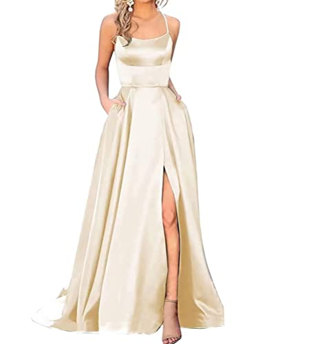 Onsoyours Ballkleider Damen Lange Sexy Criss-Cross Neckholder Backless Abend Prom Kleider mit Taschen Frauen A-Linie Satin Spaghetti Seitenschlitz Brautjungfer Kleid B Champagner S von Onsoyours