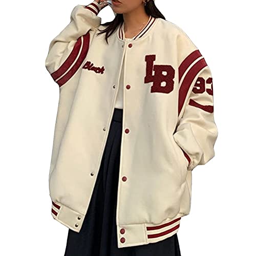 Onsoyours Bomberjacke Damen Sweatjacke College Sweat Jacket Reißverschluss Frauen Oversized Patchwork Jacke Vintage Druck Jacken Baseball Mantel Sport Jacke F Weiß S von Onsoyours