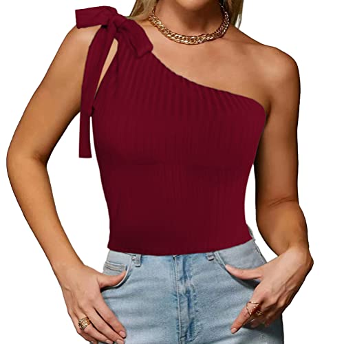 Onsoyours Crop Top Damen Sexy Oberteile Bauchfrei Eng Eine Schulter Asymmetrisches Tanktop Einfarbig Stricktop Kurz Ribbed Tank Shirt Streetwear Cutout Camisole Top Tshirt A Weinrot S von Onsoyours