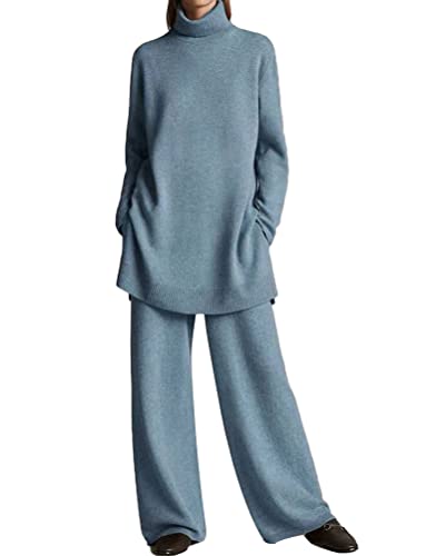 Onsoyours Damen 2 Stück Strickanzug aus Langarm Rollkragen Strickpullover Und Lange Jogginghose Zweiteilige Beiläufig Outfit Freizeitanzug Sportanzug Loungewear Set B Blau L von Onsoyours