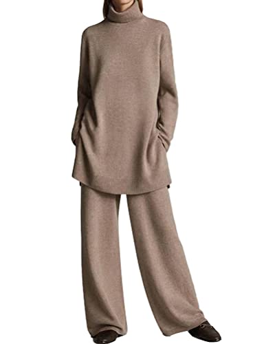 Onsoyours Damen 2 Stück Strickanzug aus Langarm Rollkragen Strickpullover Und Lange Jogginghose Zweiteilige Beiläufig Outfit Freizeitanzug Sportanzug Loungewear Set B Braun L von Onsoyours