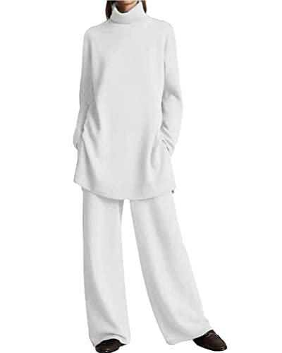 Onsoyours Damen 2 Stück Strickanzug aus Langarm Rollkragen Strickpullover Und Lange Jogginghose Zweiteilige Beiläufig Outfit Freizeitanzug Sportanzug Loungewear Set B Weiß 3XL von Onsoyours