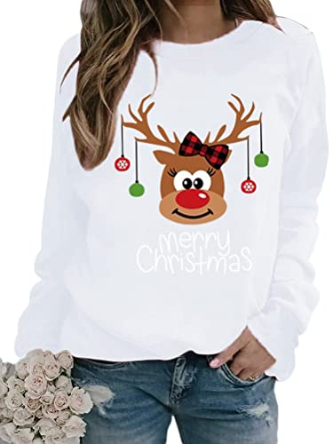 Onsoyours Damen Baumwolle Lange Ärmel Pullover Rudolph Rentier Elfe Weihnachtspullover Kapuzenpullover Weihnachts Xmas Pulli Shirt Christmas Sweatshirt Weiß S von Onsoyours