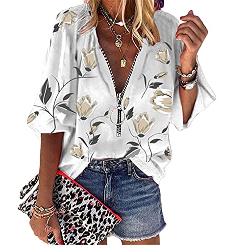 Onsoyours Damen Chiffon Blusen Elegante Reißverschluss Langarmshirts Bluse Tunika Oberteile T-Shirt V-Ausschnitt Tops B Weiß XL von Onsoyours