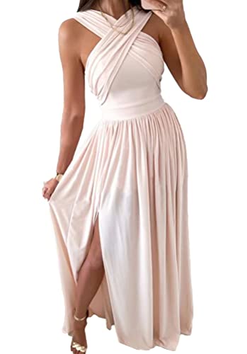 Onsoyours Damen Elegant Ballkleider Chiffon Lang Cocktailkleider Abendkleider Sexy Rüschen Geschlitztes Abendkleid Partykleid Wickelkleid C Rosa XL von Onsoyours