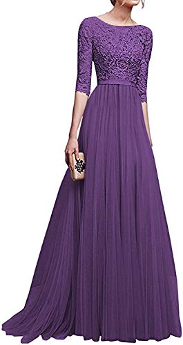 Onsoyours Damen Elegant Halbarm Rundhals Vintage Spitzenkleid Hochzeit Chiffon Faltenrock Langes Kleid Schlanke Plissee Spitzen Lang Brautjungfer Abendkleid Violett S von Onsoyours