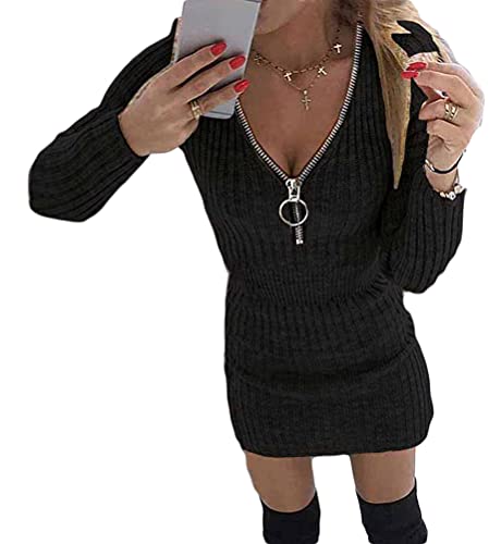 Onsoyours Damen Elegant Strickkleid Rollkragen Langarm Stretch Pullikleid Lang Strickpullover Minikleid Warme Wickelkleid Winter A Schwarz L von Onsoyours