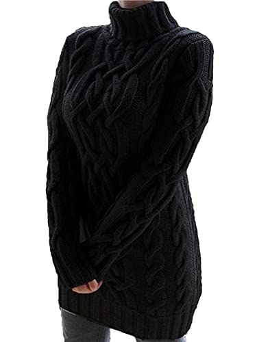 Onsoyours Damen Elegant Strickkleid Rollkragen Langarm Stretch Pullikleid Lang Strickpullover Minikleid Warme Wickelkleid Winter Z Schwarz XXL von Onsoyours