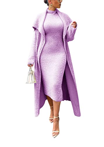 Onsoyours Damen Fleece Kleid Set Cardigan und Ärmellos Midikleid Herbst Winter 2 Teiliges Sweater Cardigan Mit Gürtel Samt Kleider Pullikleid Elegante Party Outfits A Violett 3XL von Onsoyours