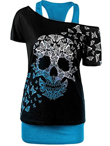 Onsoyours Damen Halloween Übergroßes Modisches Racer Top mit Schrägen Schultern und Totenkopf Print Cooles T-Shirt Sommer Shirt Oberteile Frauen Kleidung Frau Crop Top Klamotten A Blau XXL von Onsoyours