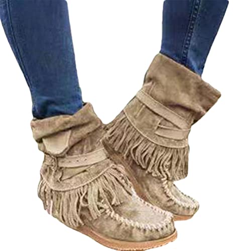 Onsoyours Damen Herbst Winter Flache Wildleder Retro Stiefeletten mit Fransen Casual Short Ankle Boots Schuhe A Khaki 39 EU von Onsoyours