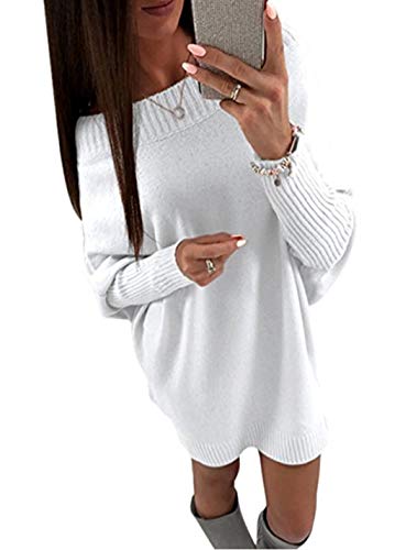 Onsoyours Damen Herbst Winter Strickkleid Elegant Schulterfrei Langarm Mode Stricksweat Pullover Kleid Lose Sweater Dress Oversized Sweatkleid Minikleid Weiß XL von Onsoyours