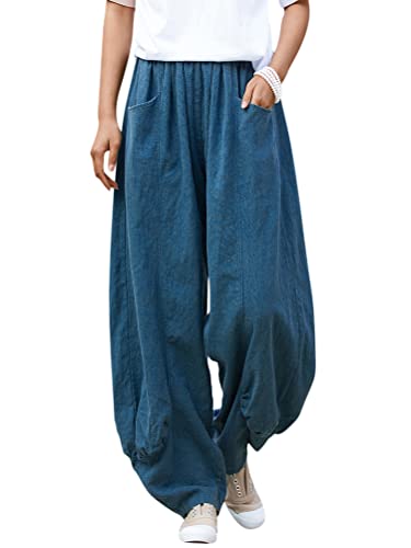 Onsoyours Damen High Waist Leinenhose Sommer Lose Leinen Baumwolle Hose für Frauen Leicht Luftige Stoffhose Freizeithose Pumphose Yogahose Jogginghose Sporthose F Blau M von Onsoyours