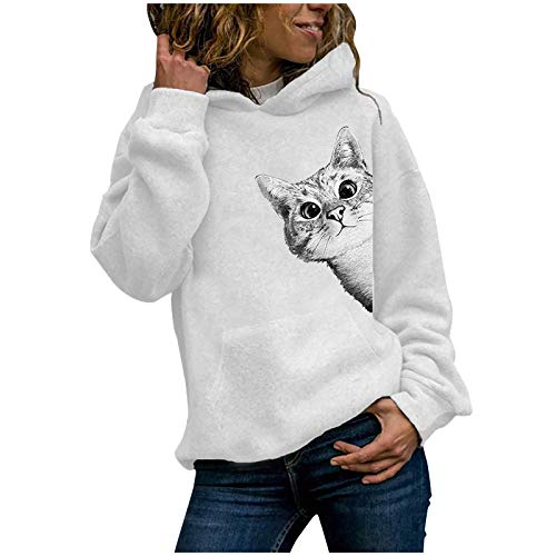 Onsoyours Damen Hoodie Kapuzenpullover Sweatshirt Langarmshirt Rundhals Lustiges Katzen Motive Drucken Hoodie Katzenpulli Casual Pulli mit Kordel und Taschen Herbst Winter B Weiß XL von Onsoyours