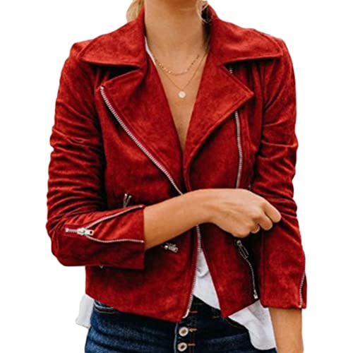 Onsoyours Damen Kurze Jacke Baumwolle Bikerjacke mit Reißverschluss Lederjacke Frauen Full Zip Herbst Frühling Motorradjacke Rot L von Onsoyours