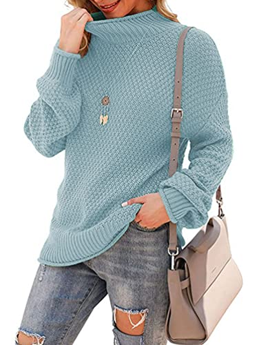 Onsoyours Damen Langarm Rollkragenpullover Einfarbiger Rollkragen Strickpullover Pullover Rolli Stehkragen Strickpulli Sweater Herbst Winter A Hellblau XXL von Onsoyours