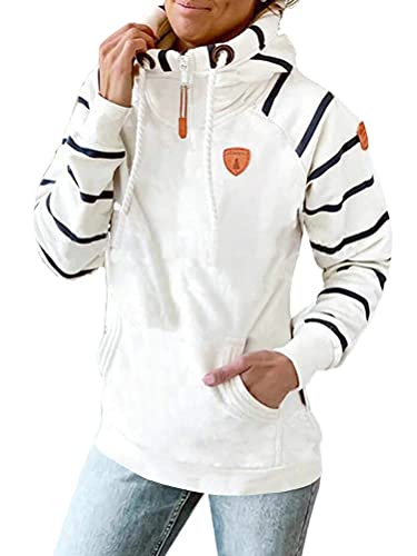 Onsoyours Damen Lange Ärmel Hoodie Frauen Kapuzenpullover Gestreift Pullover mit Kapuze Cross Over Kragen und Fleece Innenseite Sport Outerwear Z4 Weiß M von Onsoyours