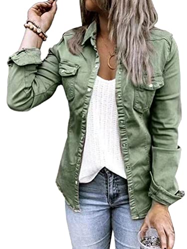 Onsoyours Damen Leicht Jacke Casual Langarm Einfarbig Knopf Stehkragen Kurz Mäntel Herbst Frühling Übergangsjacke Leicht Sommerjacke mit Taschen A Grün S von Onsoyours