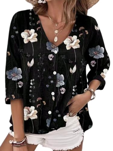 Onsoyours Damen Leinen Bluse Langarm Lose Leinenbluse V-Ausschnitt Knopf Einfarbig Blusen Hemd Shirt Langarmshirt Oberteile Tunika Lang Tops B Schwarz 3XL von Onsoyours