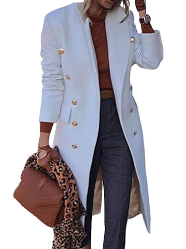 Onsoyours Damen Mantel Lang Winter Revers Wollmantel Trench Jacke Lange Parka Overcoat Elegant Langarm Einfarbig Cardigan Slim Fit Blazer Outwear A Weiß 3XL von Onsoyours