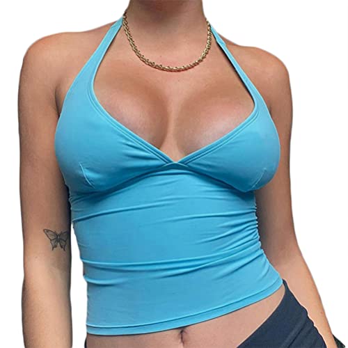 Onsoyours Damen Neckholder Top Bauchfrei Oberteil Rückenfrei Tops Cropped Camisole Tanktop Ärmellos Sexy Oberteil mit V-Ausschnitt A Blau S von Onsoyours