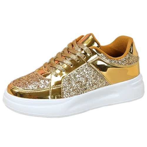 Onsoyours Damen Pailletten Sneakers Glitzer Low Plateau Walkingschuhe Freizeitschuhe Schnürer Sportschuhe Glänzende Atmungsaktiv Strass Glitzer Turnschuhe Laufschuhe A Gold 42 EU von Onsoyours