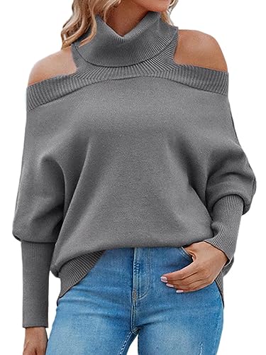 Onsoyours Damen Pullover Rollkragen Langarm Sweatshirt Lose Grobstrick Casual Sweater Elegant Oberteile Langarmshirt Strickpulli Tops A Grau XL von Onsoyours