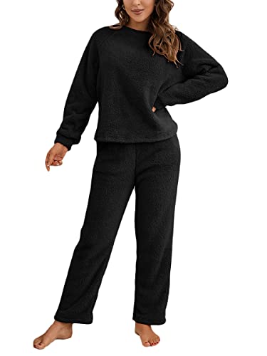 Onsoyours Damen Pyjama Fleece Set Lang Nachtwäsche Winter Warm Hausanzug Zweiteiliger Schlafanzug Langarm Shirt und Pyjamahose A Schwarz M von Onsoyours