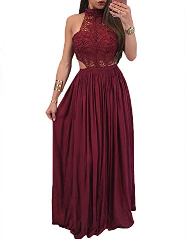 Onsoyours Damen Retro Spitzen Ärmelloses Chiffon Kleid Mode Einfarbig Wickelkleid Brautjungfernkleider Cocktailkleid Partykleid Maxikleid Abendkleider Ballkleid (38, A Rot) von Onsoyours