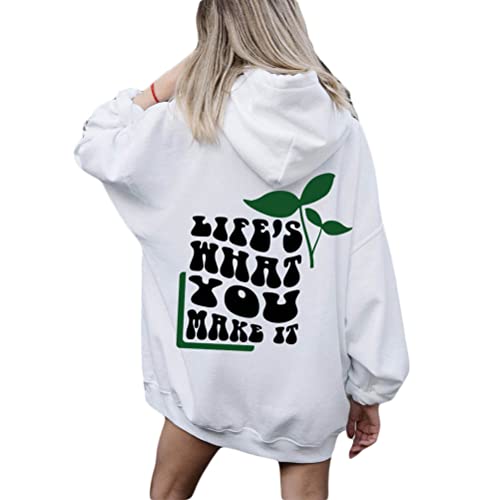 Onsoyours Damen Rückendruck Letter Print Hoodie Sweatshirt Langarm Y2K E-Girl Pullover Oversize Vintage Kapuzenpullover Harajuku Streetwear Hoodie H Weiß M von Onsoyours