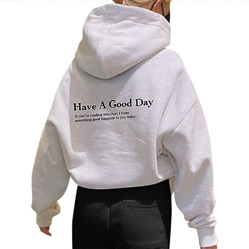 Onsoyours Damen Rückendruck Letter Print Hoodie Sweatshirt mit Kapuze Langarm 90er Y2K E-Girl Pullover Oversize Vintage Kapuzenpullover Harajuku Streetwear A Weiß M von Onsoyours