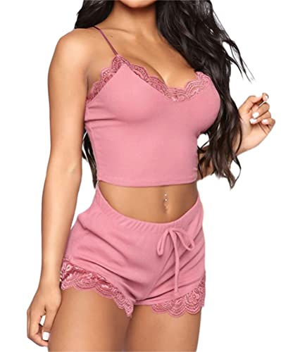 Onsoyours Damen Schlafanzug Kurz Satin Sexy Pyjamas Set Ärmellos Shorty Sommer Nachtwäsche Sleepwear Hausanzug Loungewear Schlafshirts Kurze Schlafanzughose B Rosa 3XL von Onsoyours