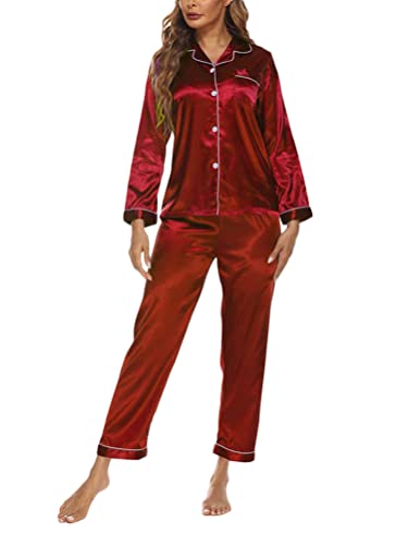 Onsoyours Damen Schlafanzug Lang Zweiteiliger Pyjama mit Knopfleiste Schlafanzüge Langarm Verschluss Weich Nachtwäsche Lounge Pyjamas Set C Rot XXL von Onsoyours